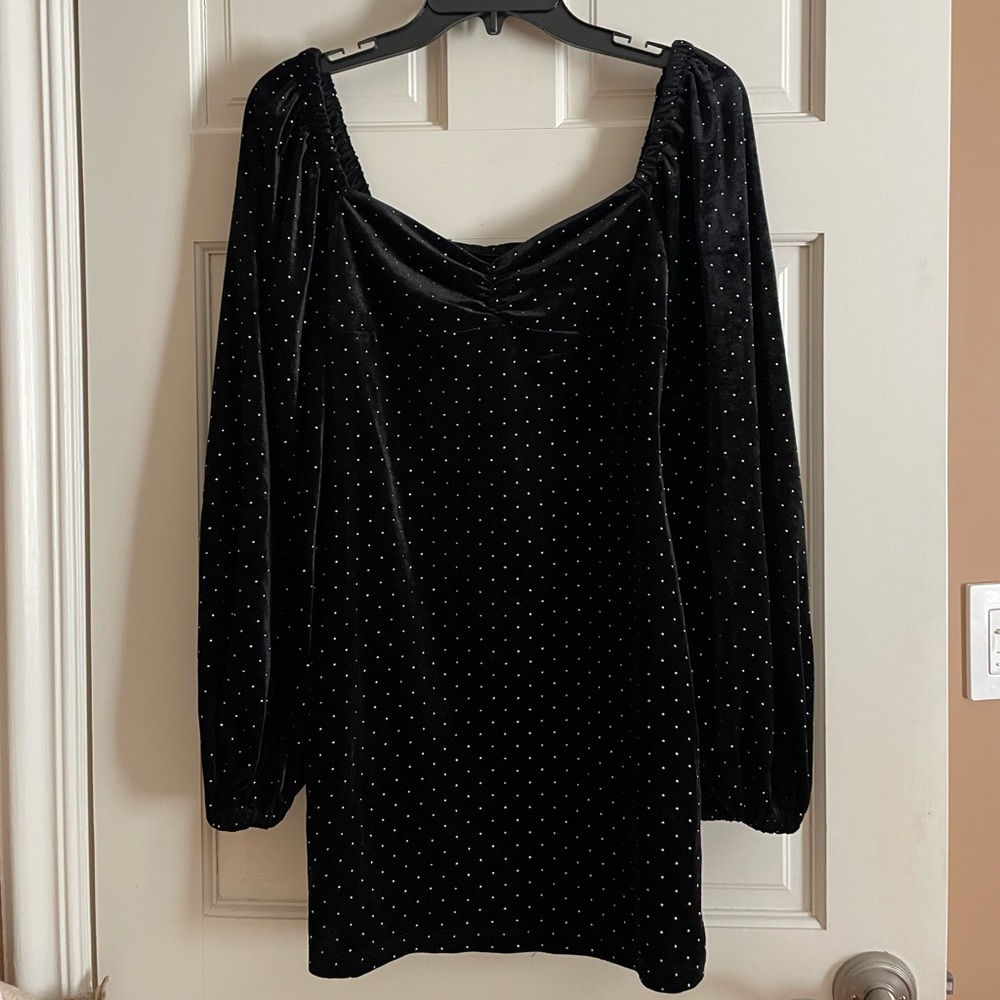 Black Velvet Long-Sleeve Dress with studs